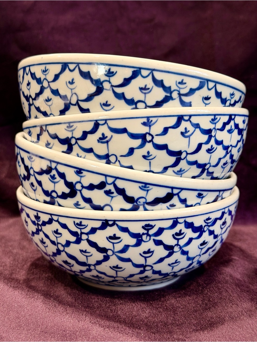 Vintage Thai Bowls | Hand-Painted Pineapple Pattern | Set of 4